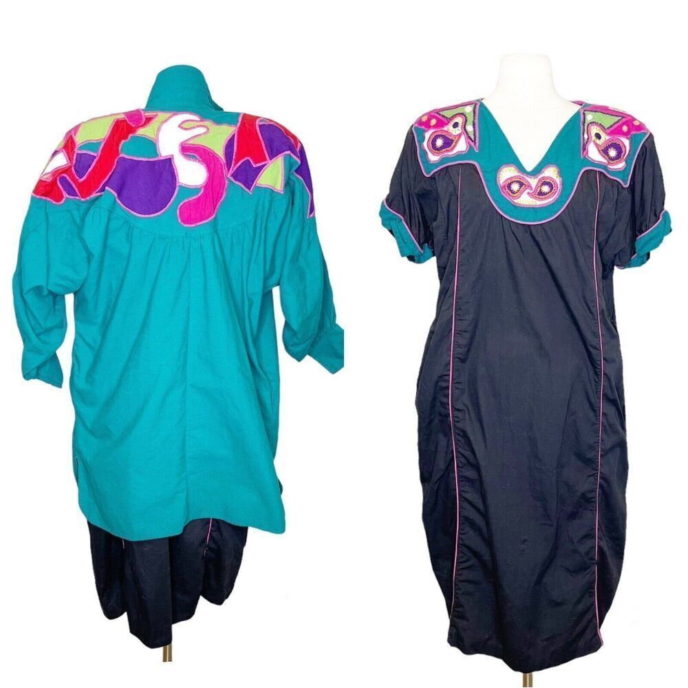 Vintage 70s Tipicano Emboidered Caftan Dress Medium 2-Piece Set Jacket Mexico
